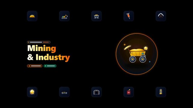 Modern animated mining concept layout featuring giant haul truck, ore rocks, excavator, and industrial icons with smooth motion graphics on clean black background.
