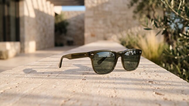 Stylish dark green acetate sunglasses resting on a warm stone wall during bright summer daytime sunlight