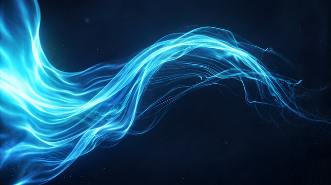 Abstract Flowing Light Energy: Ethereal blue light streams and swirls, creating a dynamic, organic shape against a dark background. This abstract visual evokes a sense of energy, movement.