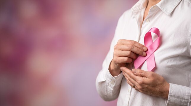 Breast cancer awareness day woman holding pink ribbon in support with copy space