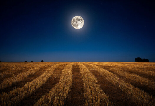 Harvest moon full moon over harvested field wide landscape photograph