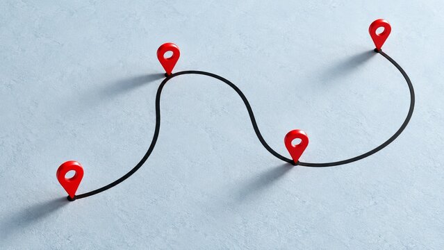 Curved black route line winds across pale blue textured background, ending at four red map pins for travel planning, waypoint marking, and navigation ideas, clean travel diagram style.
