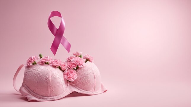 Pink bra with carnations and ribbon symbolizing breast cancer awareness