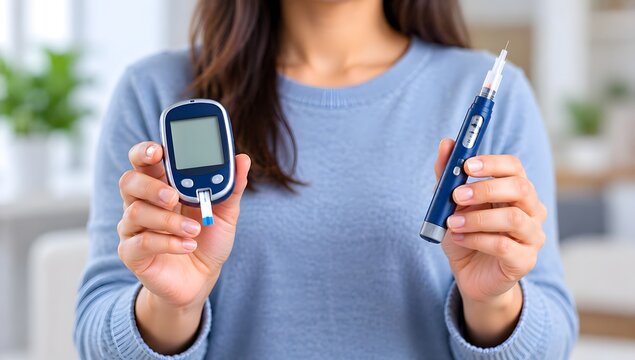 Woman monitoring blood glucose and using insulin pen for diabetes care