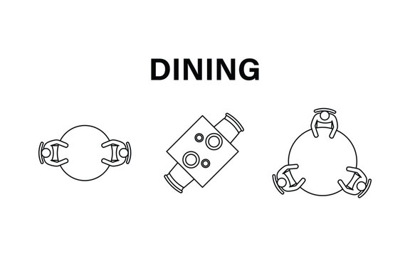 Set of dining icons with people sitting at round tables and a dining table with chairs