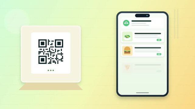Smartphone scanning a QR code displayed on a modern stand interface illustration.