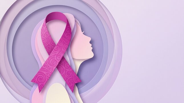 Woman profile with pink awareness ribbon performing breast cancer awareness in studio with copy space
