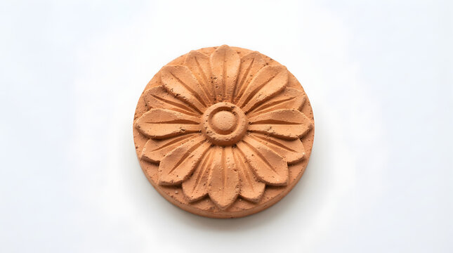 Terracotta rosette displays a floral relief design suitable for architectural restoration projects.
