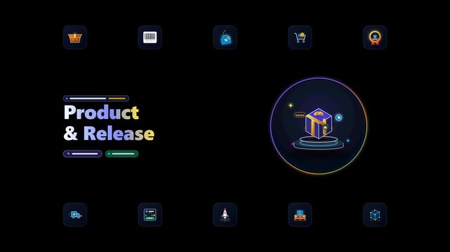 Modern animated product concept layout featuring showcase display pedestal, packaging box, and retail commerce icons with smooth motion graphics on clean black background.