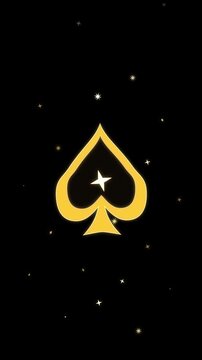 Golden spade card suit loop animation with magic sparkle dust on black background.