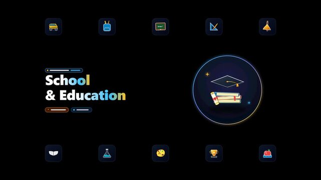 Modern animated school and education concept layout featuring graduation cap, textbooks, diploma, and student icons with smooth motion graphics on clean black background.