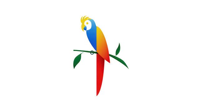 Colorful parrot icon perched on a green branch isolated on transparent