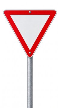 Blank yield traffic sign. Empty red triangle road sign on a metal pole isolated on white background