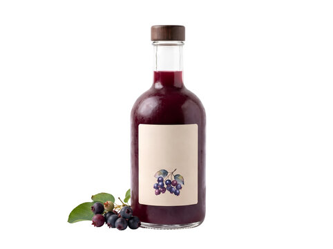 A glass bottle filled with dark purple berry juice and a blank label.