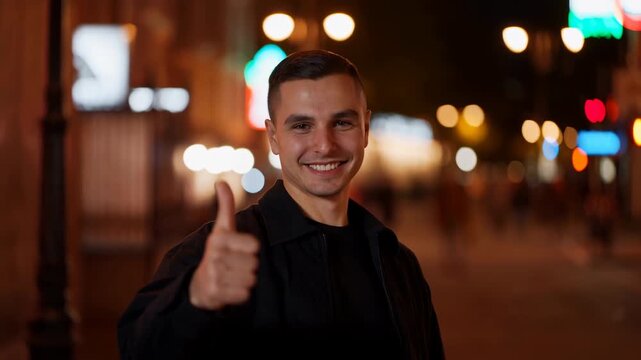 Smiling man gives thumbs-up toward camera while standing on illuminated city street at night, framed by warm storefront light and colorful blurred signs in soft background