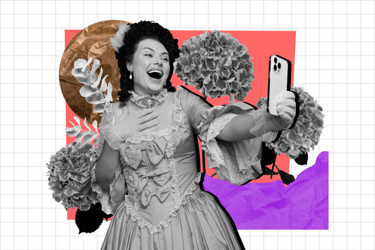 Creative sketch collage of happy countess girl hold phone take selfie glower hydrangea photographing photo-zone art blogging