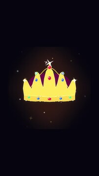 Retro pixel art animation of a golden royal crown sparkling with colorful gems against a dark background.