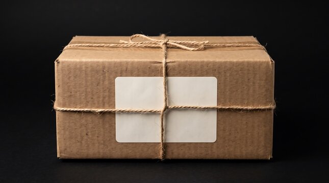A minimalist brown cardboard shipping parcel wrapped with natural twine and featuring a blank white label for custom address text set against a solid dark black background studio setting
