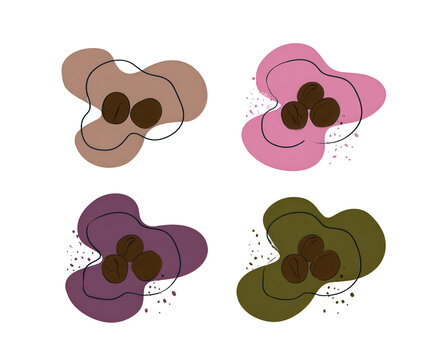 Set of four coffee bean illustrations with abstract colorful shapes