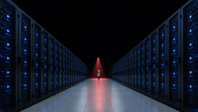 Lone woman under red light in vast data center aisle, citizen flagged by automated system