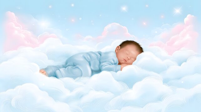 Sleeping newborn baby lying on soft white clouds in blue sky