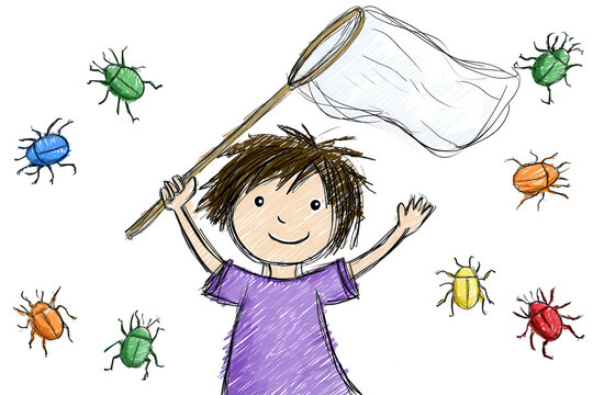 Hand drawn cartoon boy catching colorful beetles with a net