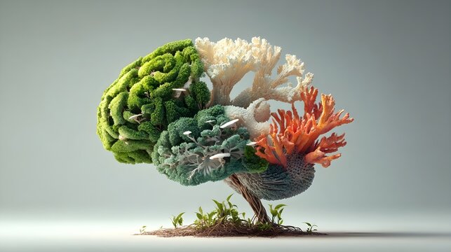 Small brain shaped tree with bright green moss and white coral forms
