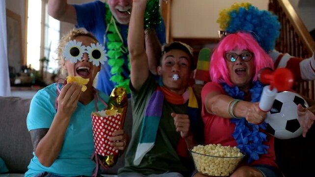 Multi-generational family with colorful wigs and accessories cheering, shouting, and eating popcorn while watching a soccer match on television, happily celebrating a victory together on the sofa