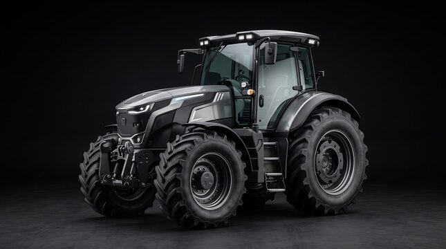 A modern powerful industrial agricultural tractor with large black rubber wheels captured in a professional studio setting against a dark background for heavy machinery equipment marketing