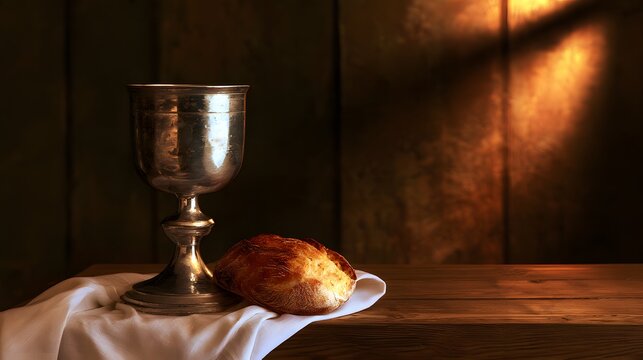 Silver chalice and crusty bread on white cloth on wooden table