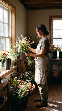 A female florist arranges fresh flower bouquets in a sunlit, rustic indoor workshop filled with floral supplies.