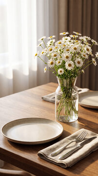 A neatly arranged dining table setting with a glass vase of daisies, ceramic plates, and linen napkins, bathed in soft natural light.