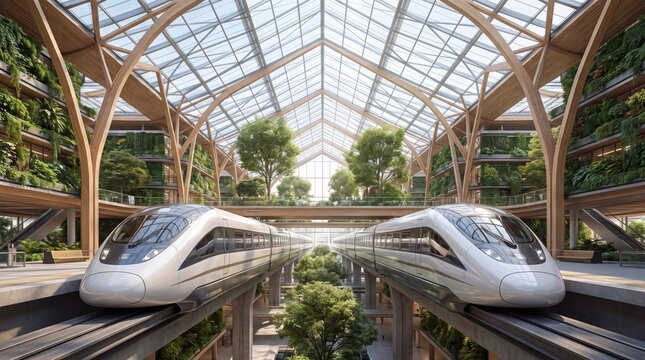 Futuristic High-Speed Trains in Sustainable Modern Station