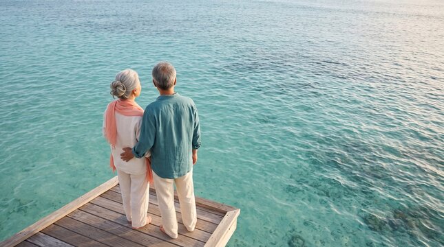 Senior Couple Standing on Wooden Pier Overlooking Ocean