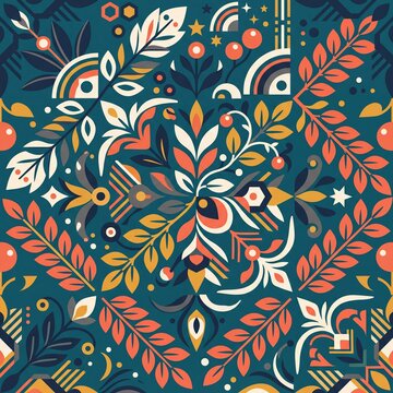 Geometric Folk Art Floral Pattern with Botanical Elements