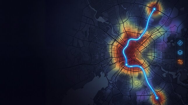 Digital City Map with Navigation Route and Heatmap Data