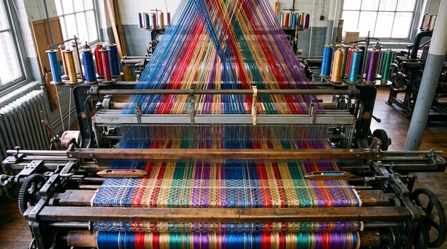 Traditional Industrial Loom Weaving Colorful Textile in Factory