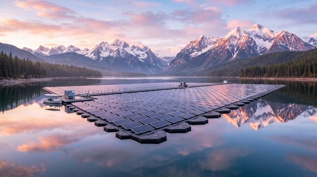 Floating Solar Panels on Mountain Lake at Sunrise