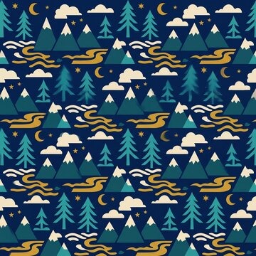 Seamless Pattern with Mountains Trees and Night Sky