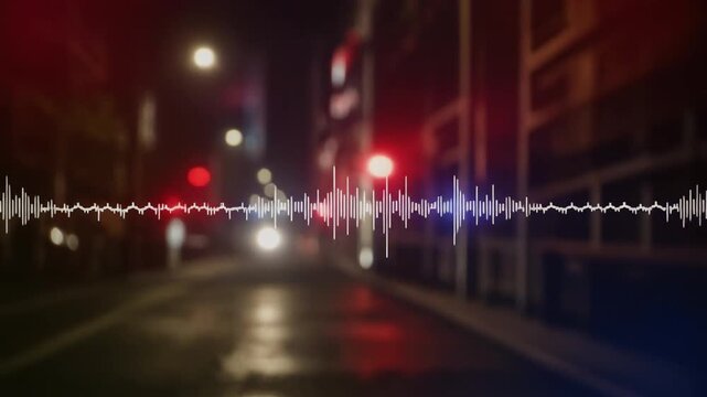 Digital audio frequency waveform pulsing with glowing red and blue emergency police lights
