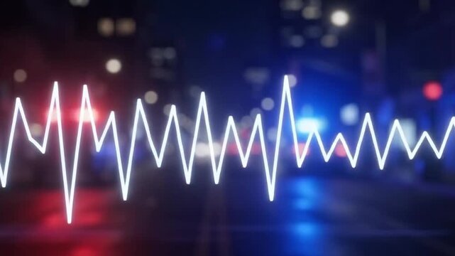 Digital audio frequency waveform pulsing with glowing red and blue emergency police lights