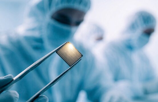 Engineer in cleanroom holding a modern computer processor chip with metal tweezers for study