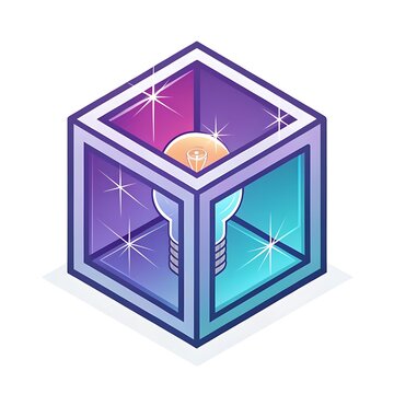 Glowing light bulb inside a translucent colorful 3D isometric box representing innovative ideas with innovation design