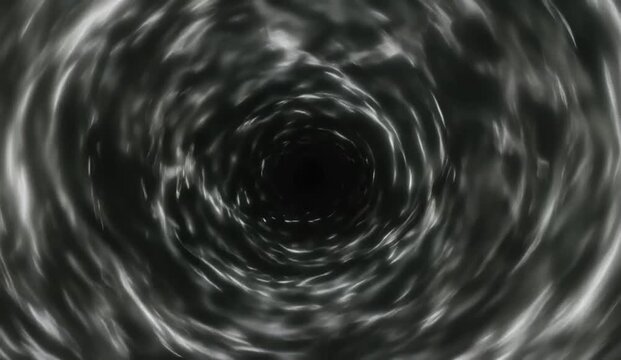 Monochrome abstract motion background featuring hundreds of luminous white lines spiraling and twisting into a deep black vortex at the center of the frame