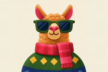 Obraz premium Llama wearing sunglasses and scarf in colorful sweater