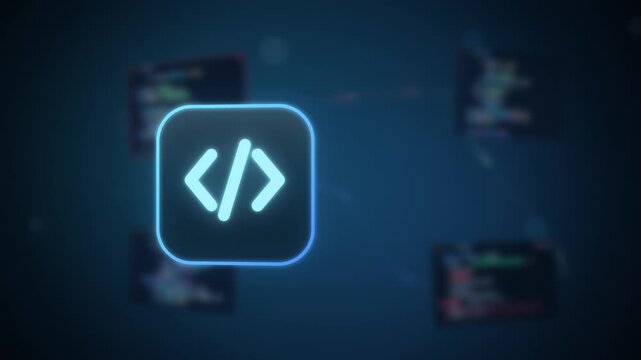 Glowing code icon with code windows seamless loop