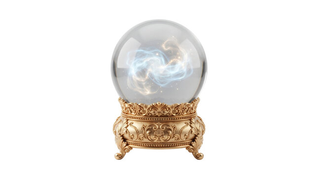 Mystical crystal ball on ornate gold stand, glowing fortune teller glass sphere isolated on white, magical divination artifact for astrology concepts