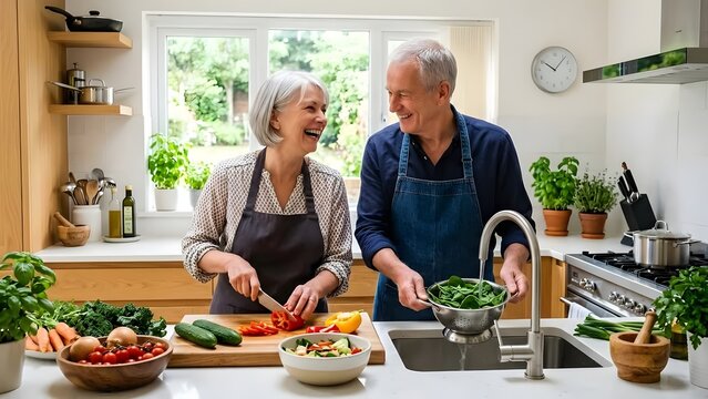 Two seniors are joyfully chopping and washing fresh produce on a clean countertop  surrounded by potted herbs and colorful vegetables under daylight from a window