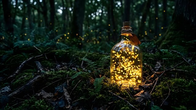 A transparent glass bottle containing shimmering golden lights rests among green ferns  fallen leaves  and tree trunks in a dimly lit woodland setting
