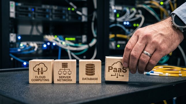 Hand placing PaaS wooden blocks for Platform as a Service and cloud computing concept	